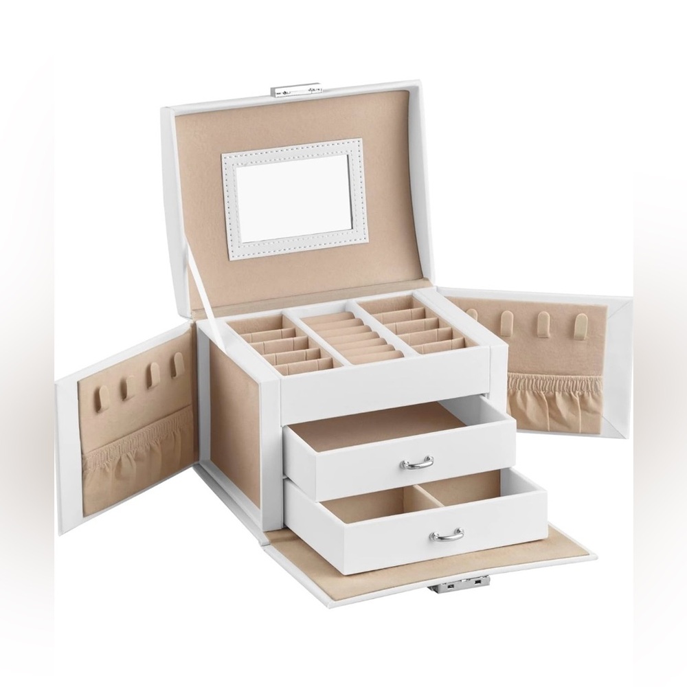 White Jewelry Organizer Box 3 Tier with top handle